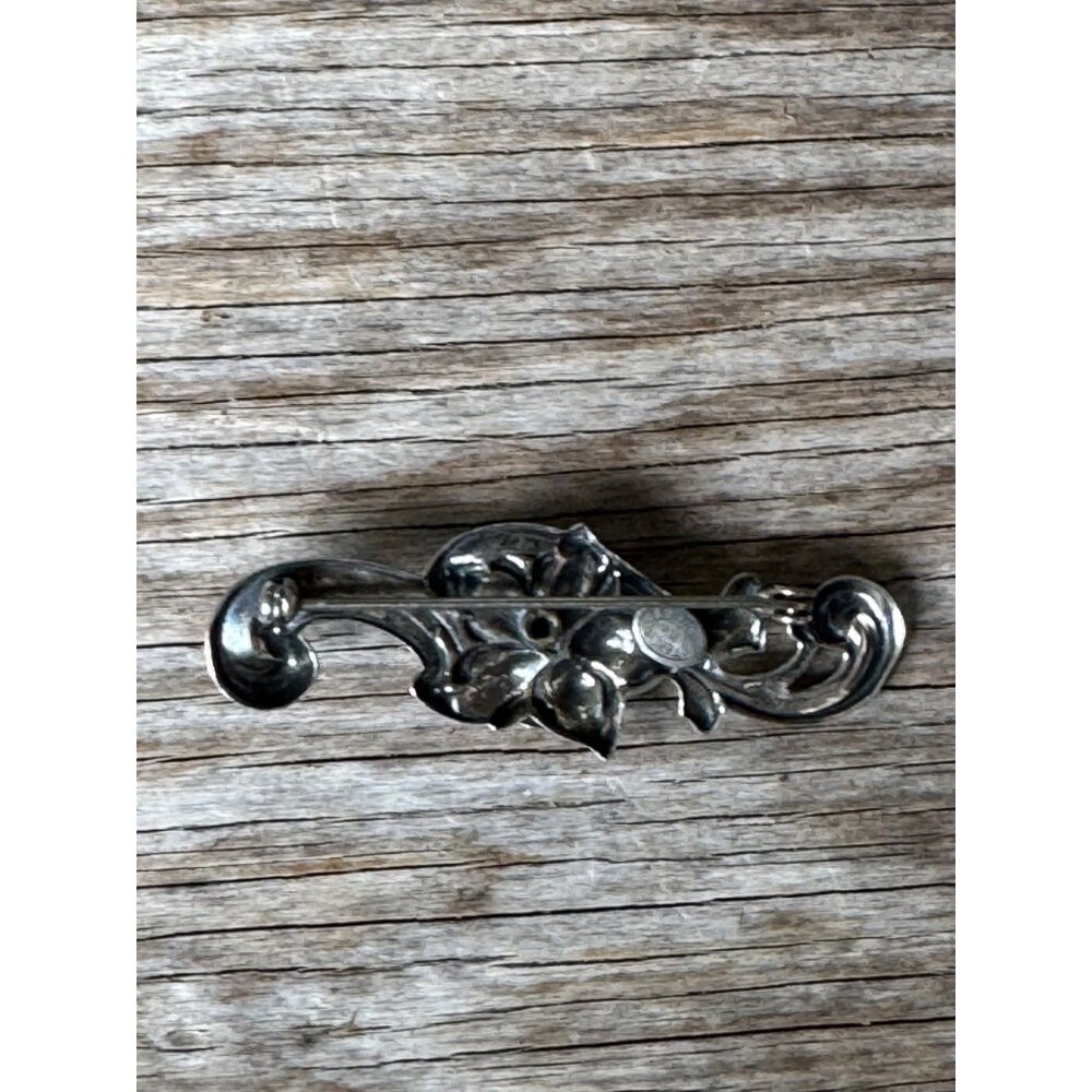 Vintage Deep Scuptured Sterling Silver Rose Brooch Repousse Leaves Bar Pin - Picture 3 of 5